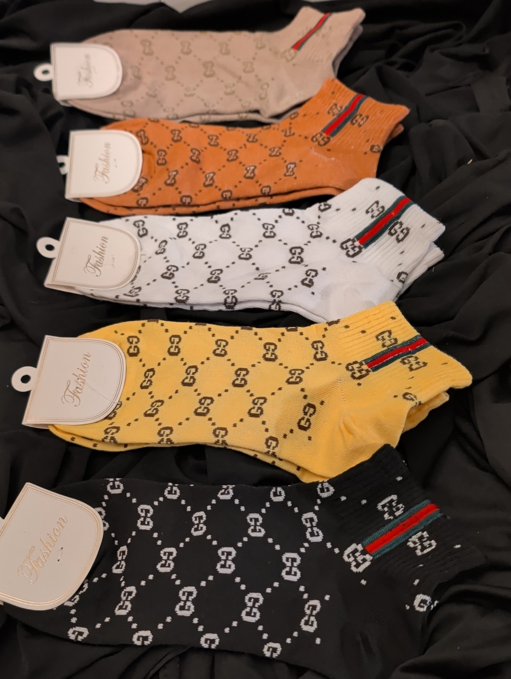 Fashion Branded Patterned Crew Socks - Black, Yellow, White, Orange, Tan
